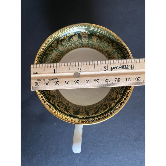 Two Wedgwood Dark Green Florentine Peony Shape Footed Porcelain Teacups England - Picture 5 of 6